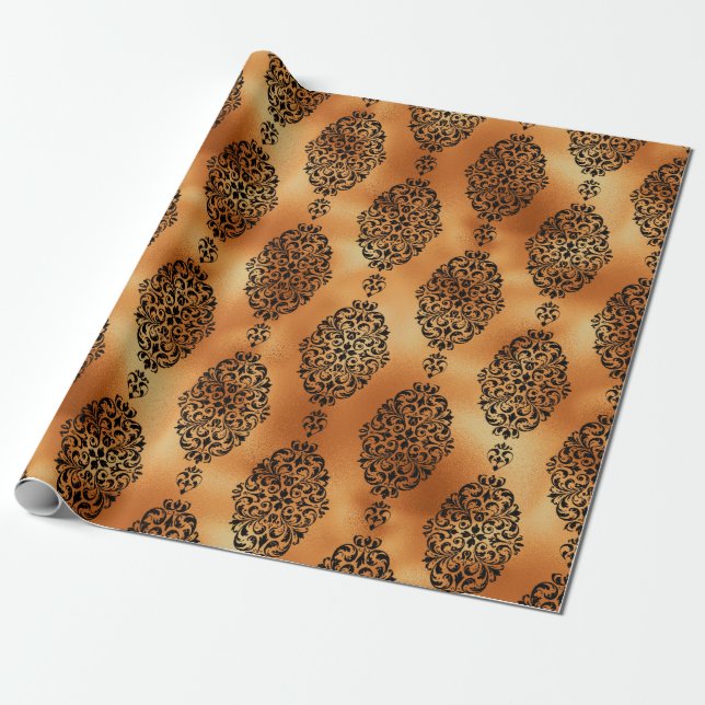 Svart och koppar Halloween Vintage Damask-mönster Presentpapper (Utrullad)