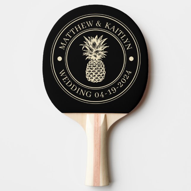 Svart och krämfärgad ananas bröllopskrona & namn pingisracket (Framsidan)