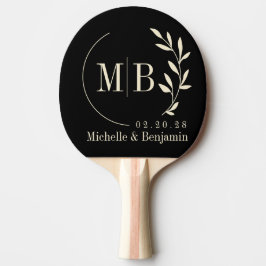 Svart och krämfärgad bladbröllopsmonogram pingisracket