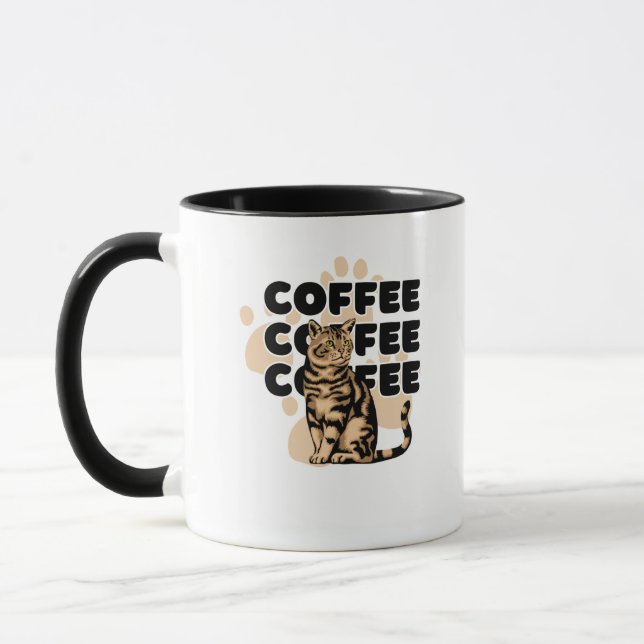 Svart och krämfärgad söt kattillustration kaffemug mugg (Vänster)