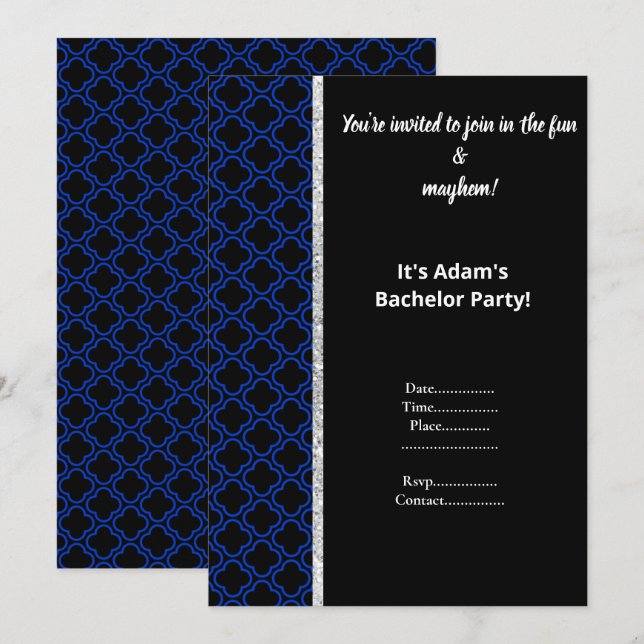 SVART OCH KUNGLIG BLÅ MÖNSTER MOGENSKAPS FEST INBJ INBJUDNINGAR (Fram/baksida)