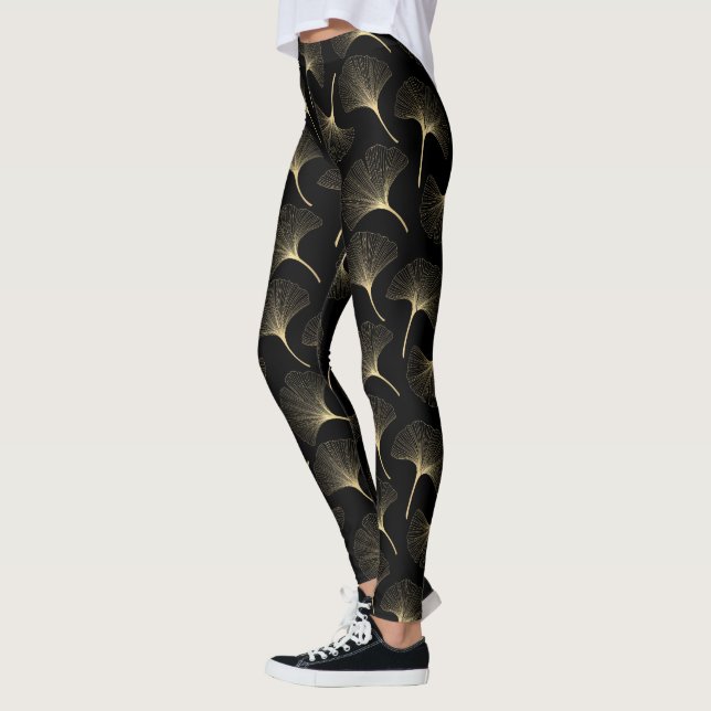 Svart och lätt guld abstrakt löv mönster leggings (Vänster)