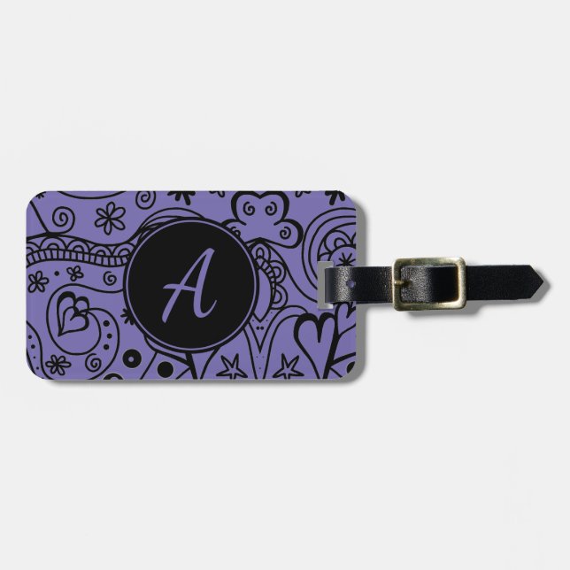 Svart och Lila Anpassningsbar Monogram Luggage Tag Bagagebricka (Horisontell Framsida)