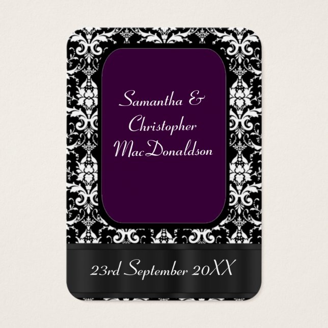 Svart och lila bröllopsförmån tack märkre visitkort (Framsidan)