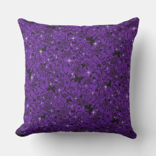 Svart och Lila Butterfly Blommigt Pillow Kudde