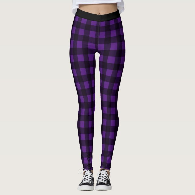Svart och Lila Check Buffalo Plaid Legings Leggings (Framsida)