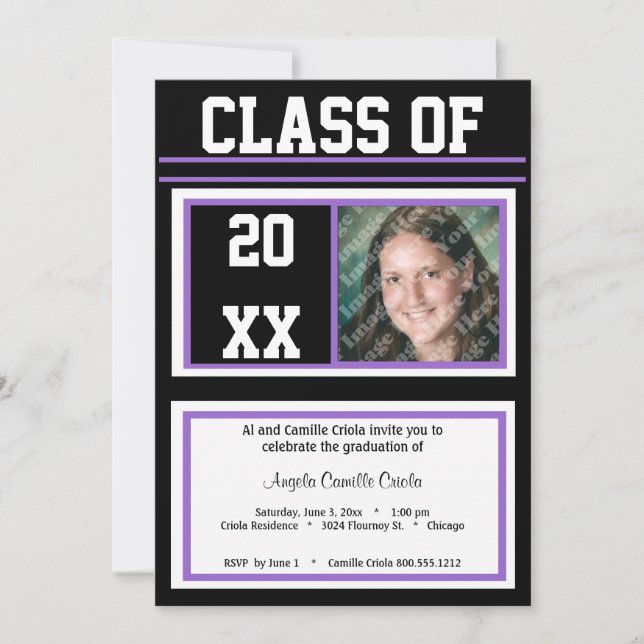 Svart och Lila Class Photo Studentfest Inbjudningar (Framsida)