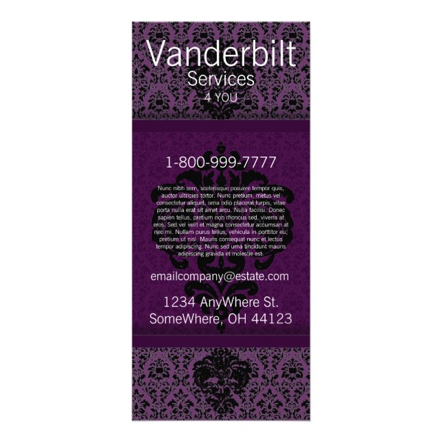 Svart- och Lila Damask-rackkort Reklamkort (Framsidan)