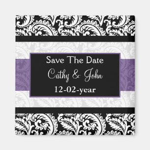 Svart och Lila Damask Wedding Magnet