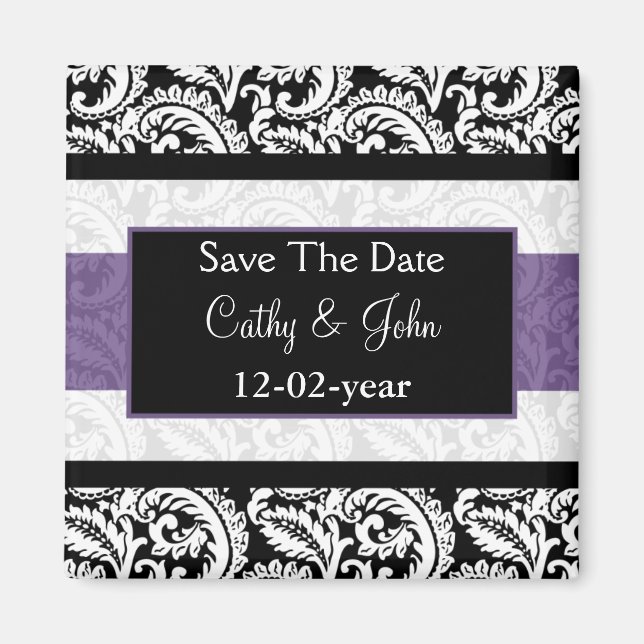 Svart och Lila Damask Wedding Magnet (Framsidan)