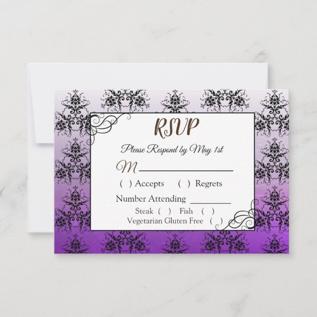 Svart och Lila Damask Wedding OSA kort (Framsida)