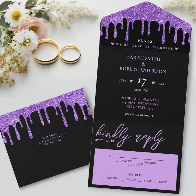 Svart och Lila Glitter Drift Bröllop (Black & Purple Glitter Drip Wedding All In One Invitation)