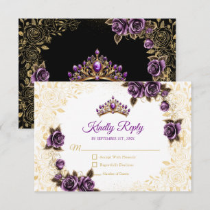 Svart och lila gyllene tiara rosor Quinceañera OSA Kort