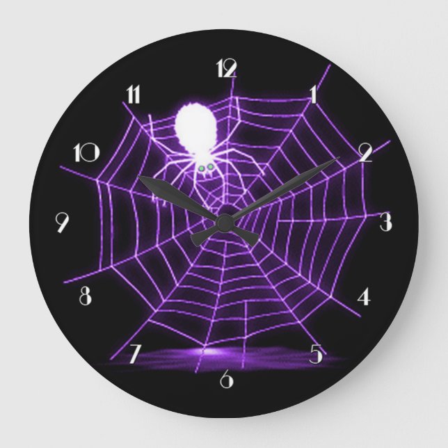 Svart och Lila Halloween-Spindelnätets väggklocka (Framsida)