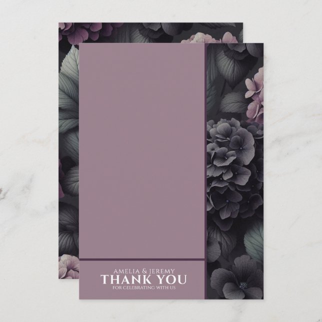 Svart och Lila Moody Blommigt Tack Kort (Fram/baksida)