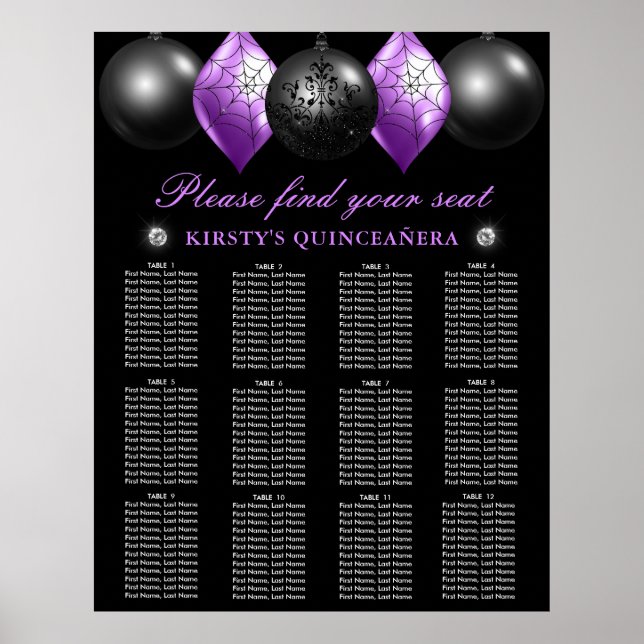 Svart och Lila Ornaments Quinceanera-sätesdiagram Poster (Framsidan)