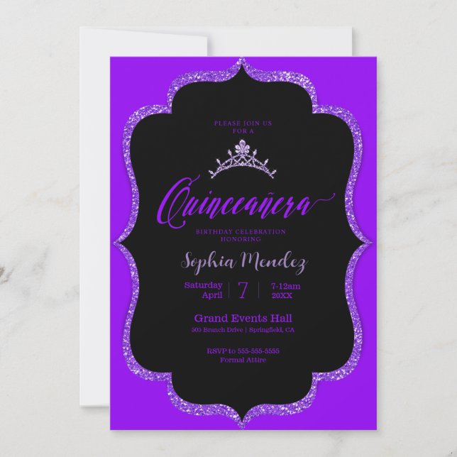 Svart och lila Quinceanera-inbjudan Inbjudningar (Framsida)