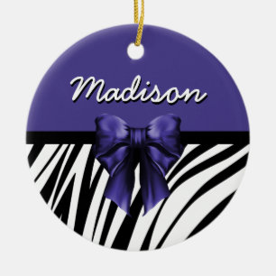 Svart och Lila Ribbon Bow Zebra tryck Julgransprydnad Keramik