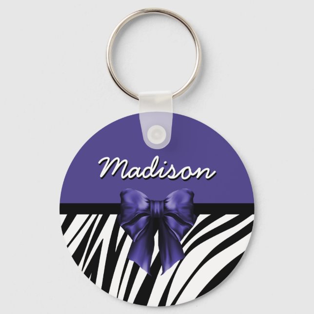 Svart och Lila Ribbon Bow Zebra tryck Nyckelring (Framsida)
