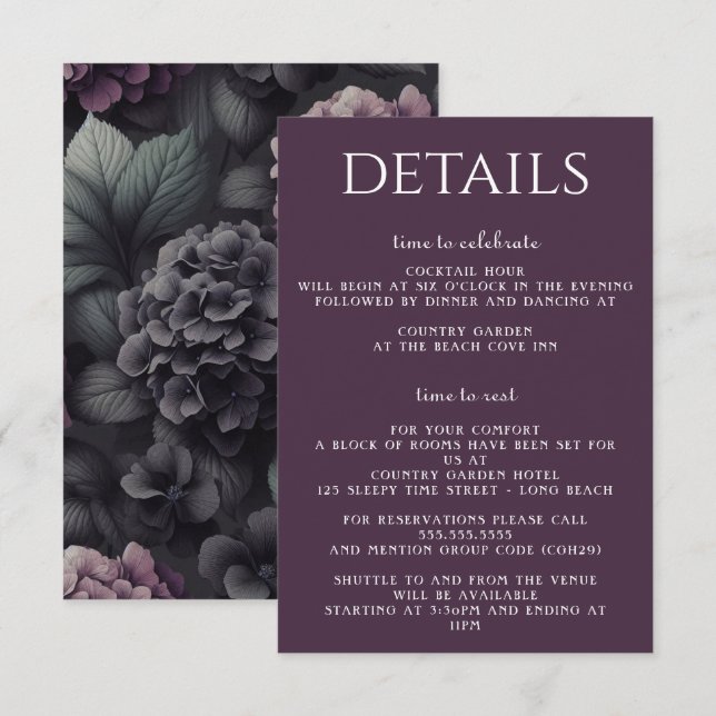 Svart och lila stämningsfullt blommönster tilläggskort (Fram/baksida)