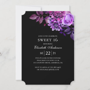 Svart och lila Sweet 16. Blommigt 16:e födelsedag Inbjudningar