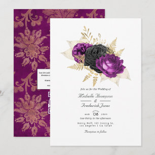 Svart och lila vintage blomster QR-kod bröllop Inbjudningar