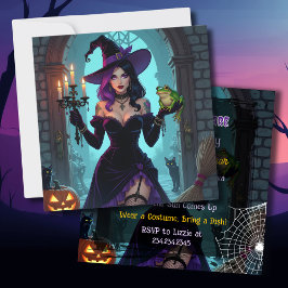 Svart och Lila Witch & Frog Halloween fest Inbjudningar