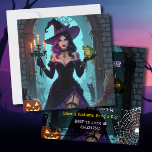 Svart och Lila Witch & Frog Halloween fest Inbjudningar