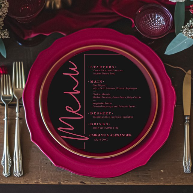 Svart och magenta runt meny (Chic black round menu with your choices in magenta hot pink lettering. )
