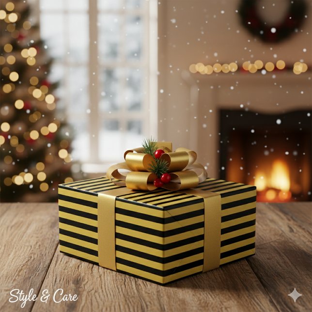 Svart och metallisk guld randigt mönster premium presentpapper (Black And Metallic Gold Stripe Pattern Premium Wrapping Paper)