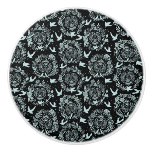 Svart och mintgrön blommig med fåglar knopp