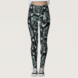 Svart och mintgrön blommig med fåglar leggings