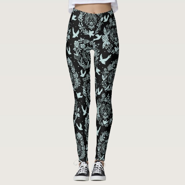 Svart och mintgrön blommig med fåglar leggings (Framsida)