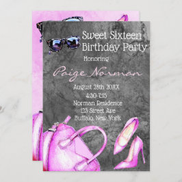 Svart och Mode Sweet 16 Födelsedagsfester Inbjudningar