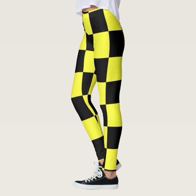 Svart och Mörk Gult Checkerboard Mönster Leggings (Vänster)