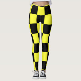 Svart och Mörk Gult Checkerboard Mönster Leggings