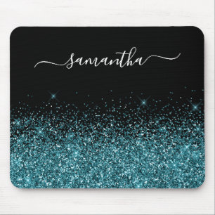 Svart och mörk teal glitter elegant namn musmatta