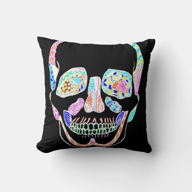 Svart och Neon Anatomical Sugar Skull Dekorativ ku Kudde (Framsida)