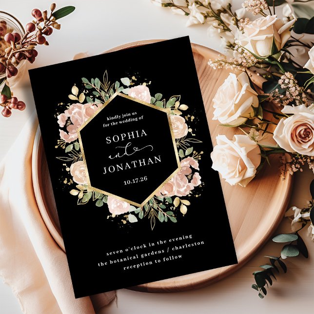 Svart och Neutralt Blommigt för vattenfärg | BRÖLL Inbjudningar (An elegant, dark black floral wedding invitation with faux gold)