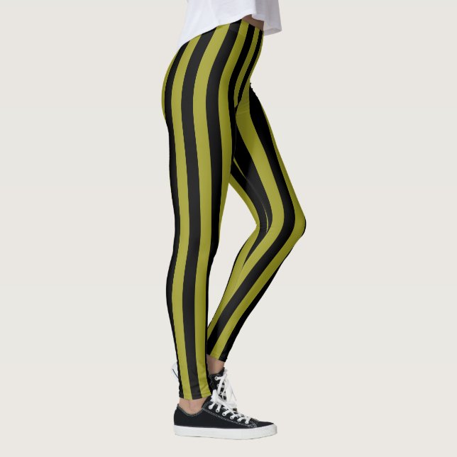 Svart och Olivgrön Vertikal Randmönster Leggings (Höger)