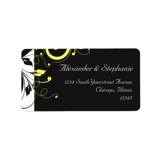 Svart och omvänd Gult Swirl Adressetikett (Framsidan)
