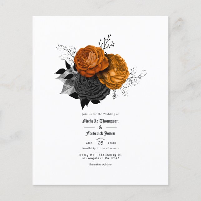 Svart och orange blomster gotiskt bröllop flygblad (Framsidan)