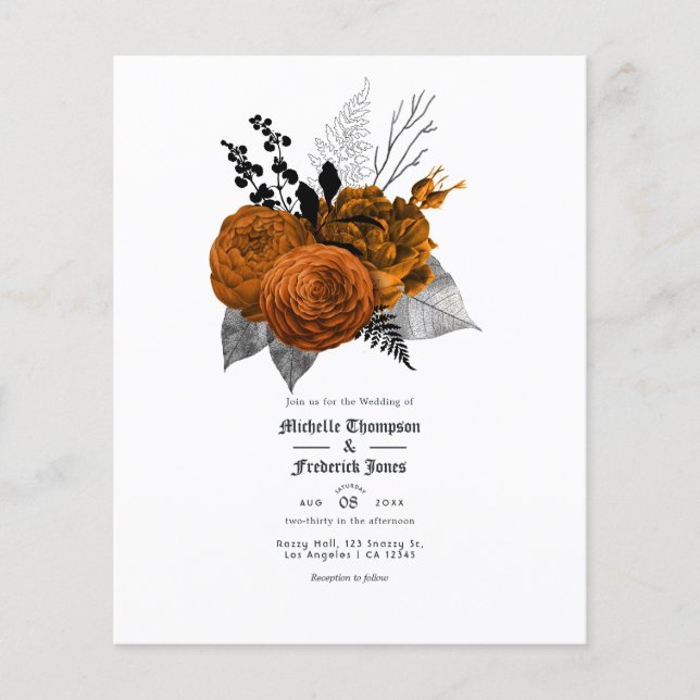 Svart och orange blomster gotiskt bröllop flygblad (Framsidan)