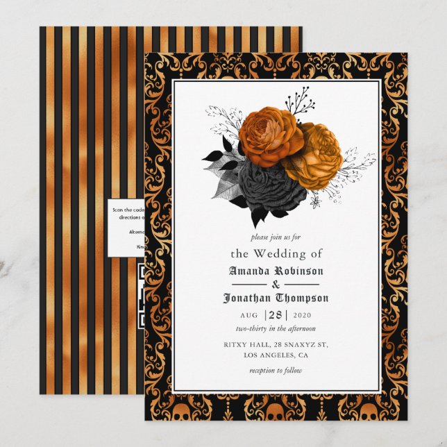 Svart och orange blomster gotiskt bröllopsfoto inb inbjudningar (Fram/baksida)