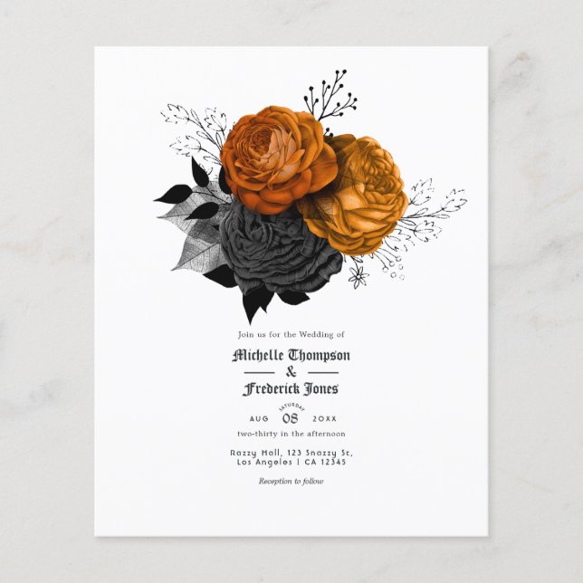 Svart och orange blomster gotiskt bröllopsinbjudan flygblad (Framsidan)