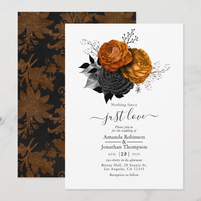 Svart och orange blomster gotiskt bröllopsinbjudan inbjudningar (Fram/baksida)