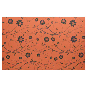 Svart och Orange, delikat Blommönster Tyg