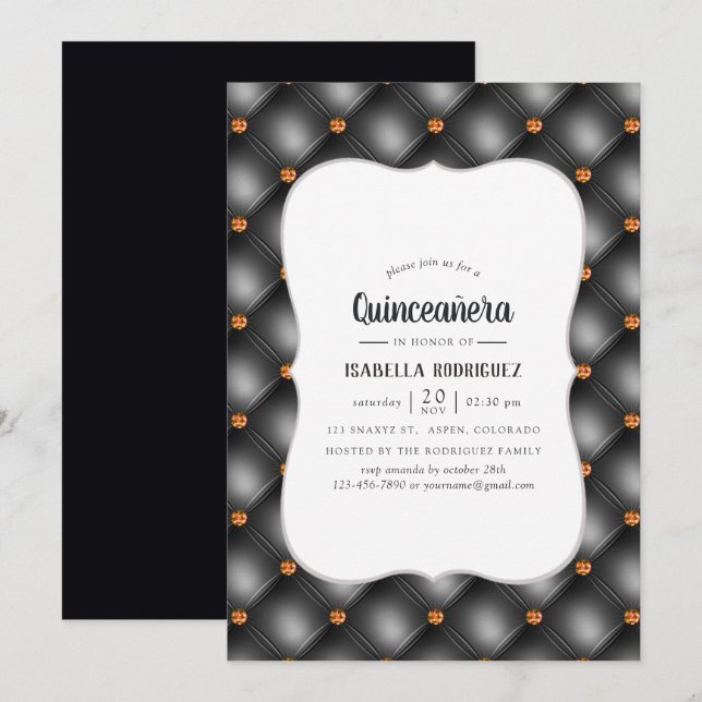 Svart och Orange Gem Faux Leather Quinceañera Inbjudningar (Fram/baksida)