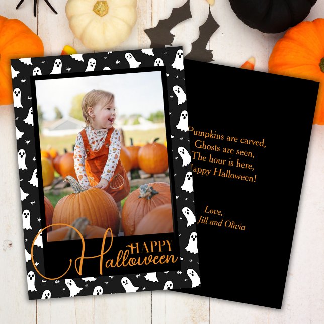 Svart och Orange Ghodyst Halloween Anpassningsbar  Julkort (Black And Orange Ghostly Halloween Custom Photo Holiday Card)