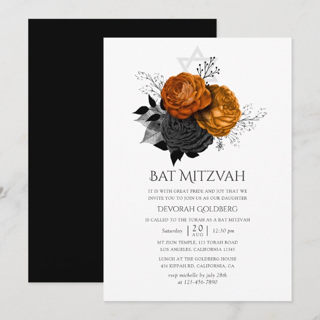 Svart och Orange Halloween Blommigt Bat mitzvah Inbjudningar (Fram/baksida)
